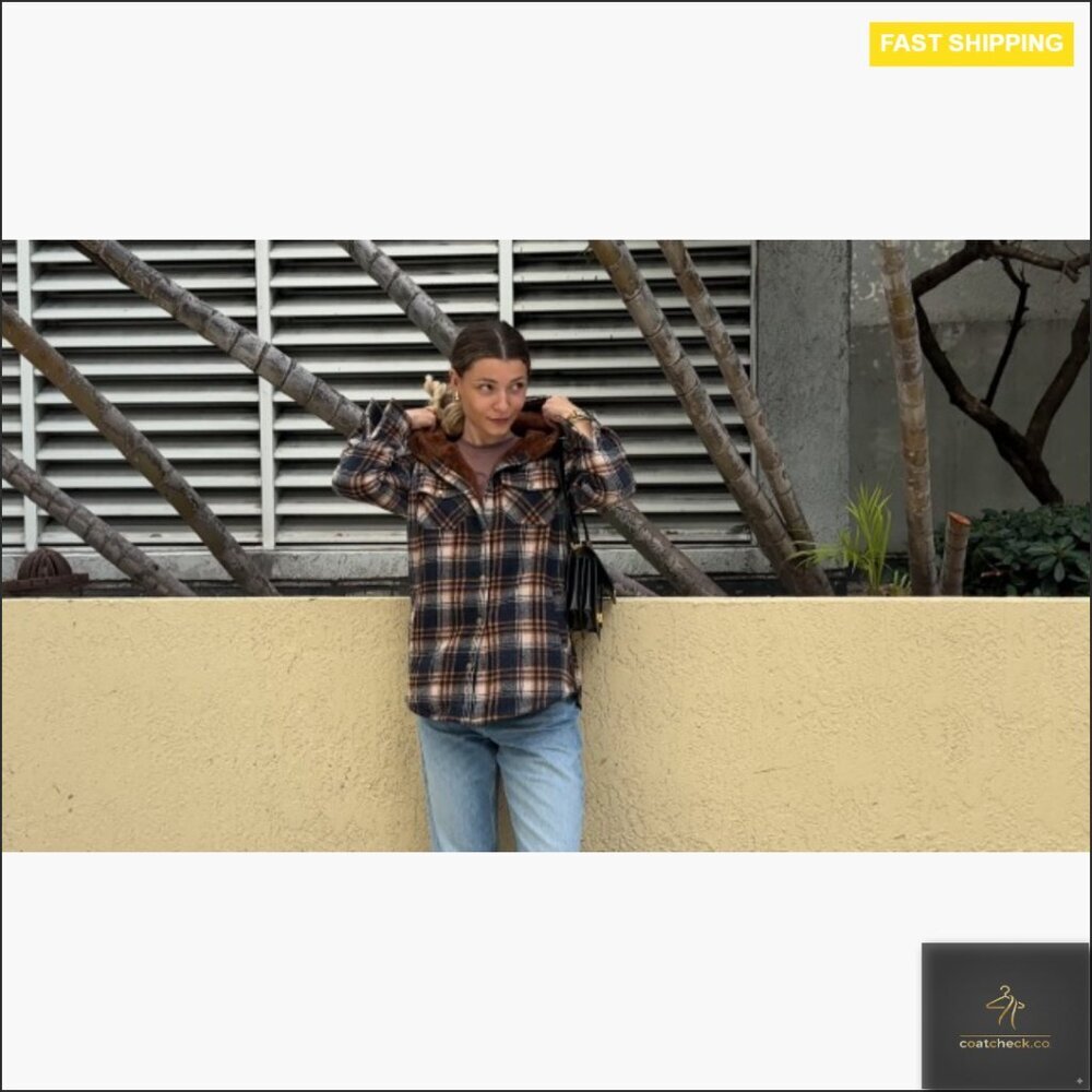 Oversized Plaid Shacket Hooded Sherpa Lined Fleece Jacket Fall Winter Casual - Picture 7 of 7